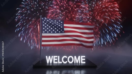 A United States flag waves above a "WELCOME" sign as vibrant fireworks explode.