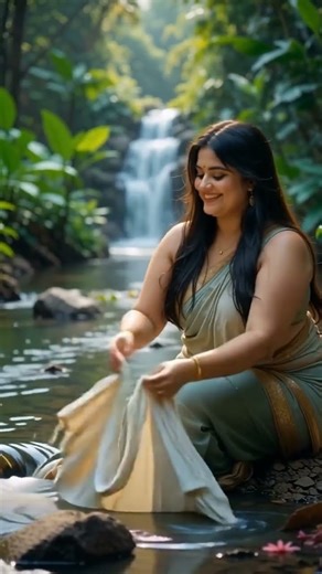 "Radiant Elegance: Plus Size Beauty in Saree by the Waterfall – Nature’s Embrace"