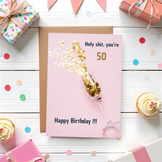 Funny 50th Birthday Card: Printable Pink Champagne Design (PDF & JPEG Files Included) - Etsy