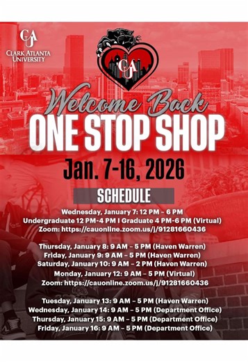 Panthers, One-Stop Shop kicks off tomorrow! Get the support you need with in-person and virtual sessions to help you prepare for the spring semester. 🐾 Can’t make it to campus? Join us online—the Zoom link for virtual sessions is available via the Linktree in our bio. 🔗 #ClarkAtlantaUniversity #CAU1988 #CAU #ClarkAtlanta #PantherPride