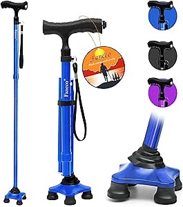 Walking Cane, Cane with LED Light, Pivoting Quad Base, Adjustable Walking Stick for Men/Women