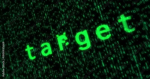 Target text typing on display screen matrix style. Searching with retro monitor green pixel macro view.