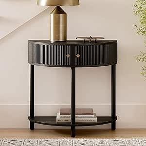 Entryway Table Fluted Half Moon Console - Semicircular, Black Oak Veneer - Hidden Storage with Two Fluted Doors & Brass Knobs - Modern Narrow Console Table for Living Room & Hallway