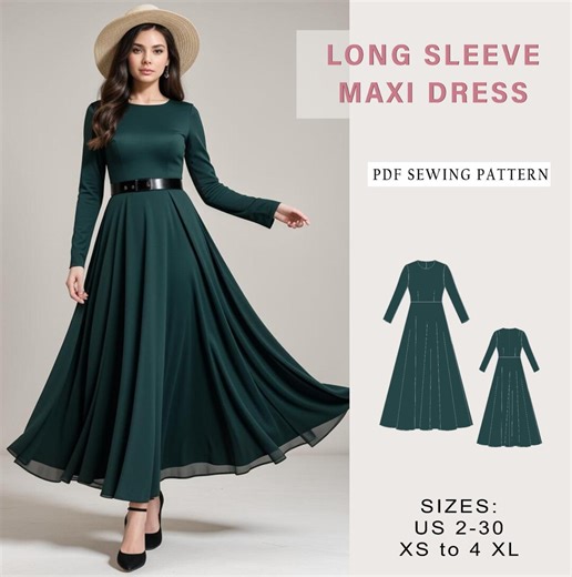 Long Sleeve Maxi Dress Sewing Pattern (PDF) - Etsy