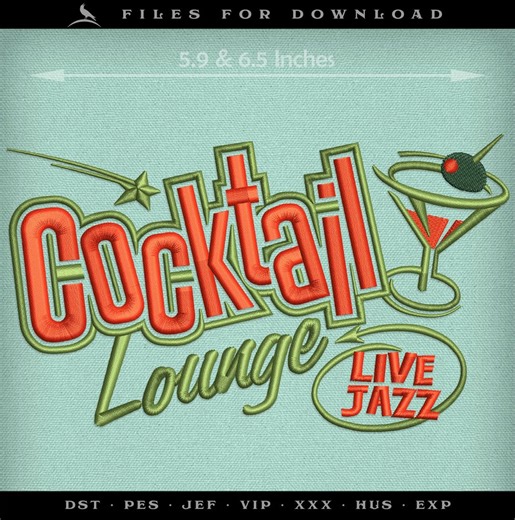 Cocktail Lounge Embroidery Design – Two Sizes 6 and 6.5 Inches – Retro Bar Sign - Etsy