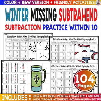Winter Subtraction Color Code Picture Missing Subtrahend to 10 Worksheets Quick