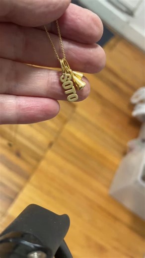 So excited about our newest custom nameplate charms!!! Any name or word in 18K gold. Nice and chunky. Handmade with love 💙 #nameplate #holidaygift #momgift | Marian Maurer Jewelry