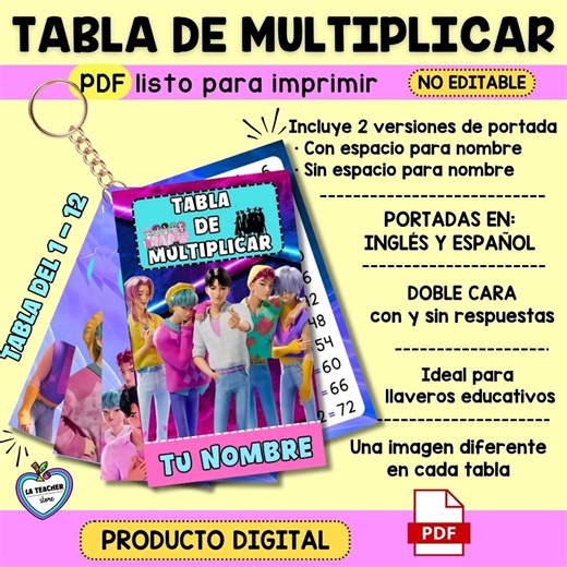 Multiplication Table to Print | Printable PDF | Double-Sided | Customizable | Covers in English and Spanish | Educational Keychains