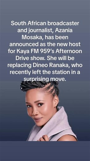 South African broadcaster and journalist, Azania Mosaka, has been announced as the new host for Kaya FM 959’s Afternoon Drive show. She will be replacing Dineo Ranaka, who recently left the station in a surprising move. https://centralnews.co.za/azania-mosaka-appointed-as-new-afternoon-drive-show-host-at-kaya-fm-959/