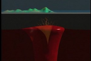 Animation showing a cross section of the Pacific tectonic plate. Explains formation of the Hawaiian islands and a new volcano, Loihi.