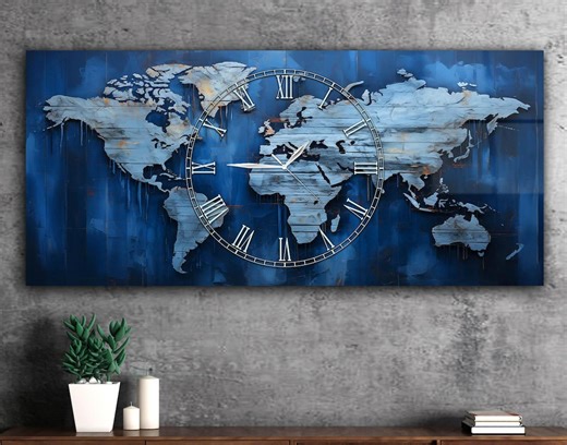 Large World Map Wall Clock: Tempered Glass, Abstract Design - Etsy UK