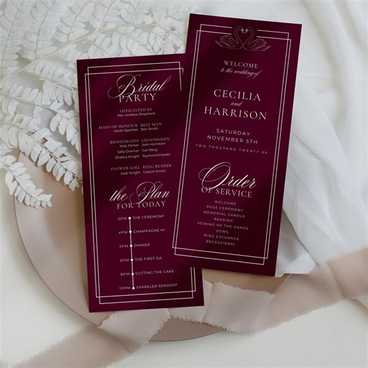 Swan Wedding Program | Burgundy Old Money Order of Service Card | Elegant Red Ceremony Program | Luxury Wedding Program Template | C51 - Etsy