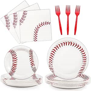 Miucat 96 Pcs Baseball Party Decorations, Baseball Party Supplies Bundle Include Baseball Plates, Napkins, Forks, Baseball Birthday Party Decorations Serves 24