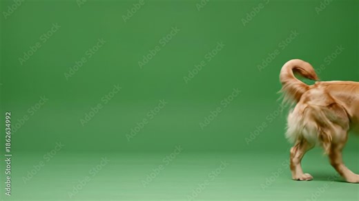 Golden Retriever dog walking away with curled tail on green screen background