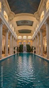 Luxurious indoor swimming pool in a grand hall with classical Roman-style architecture. Opulent natatorium with columns, a waterfall, and a painted sky ceiling.