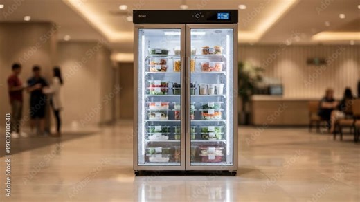 Indoor foyer view capturing a sleek pickup locker dispensing chilled prepackaged food main locker front panel crisp and sharp soft bokeh on waiting customers.