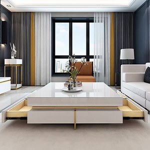 Square Modern Coffee Table, Tempered Glass White Table with Drawers for Living Room (43.3")｜Homary