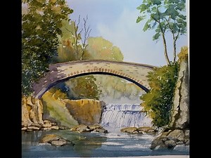 Waterfall under a bridge - watercolour step by step