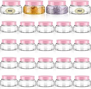 Tessco for you 24 Pack Plastic Jars with Lids Labels Multiuse Containers Empty Body Scrub Jars Round Refillable Cosmetic Body Butter Containers for DIY Slime Make Up Storage(5 oz,Clear, Pink)