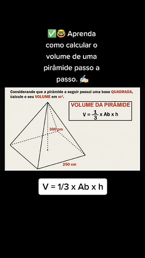 Aprenda nesse vídeo como calcular o volume de uma pirâmide passo a passo.✍🏻🤓#videoaula #questões #concursopublico #concurso #raciociniologico #engenharia #cálculo #matemática #aula #geometria #volume #piramide #viral #fyp