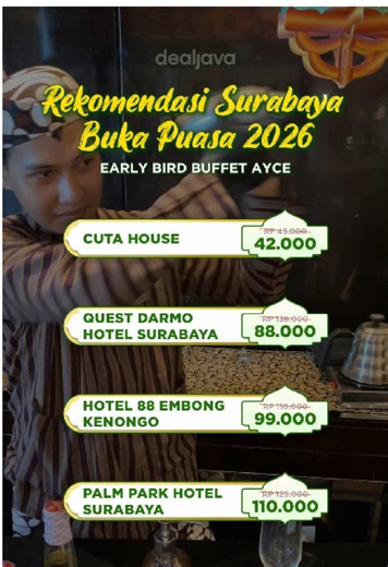 List AYCE Buka Puasa Surabaya 2026 lagi ada promo Early Bird. Booking sekarang sebelum harga normal atau slot penuh! Save aja dulu buat referensi bukber enak kuliner Ramadhan di surabaya pusat, barat, selatan hingga timur! 📍Cuta House Jl. Sentrapoint 📍Quest Darmo Hotel Surabaya Jl. Ronggolawe 📍Hotel 88 Embong Kenongo Jl. Embong Kenongo 📍Palm Park Hotel Surabaya Jl. Kapas Krampung 📍Maxone Tidar Hotel Surabaya Jl. Tidar 📍Maxone Hotel Dharmahusada Jl. Dharmahusada 📍Hotel 88 Kedungsari Jl. Ke