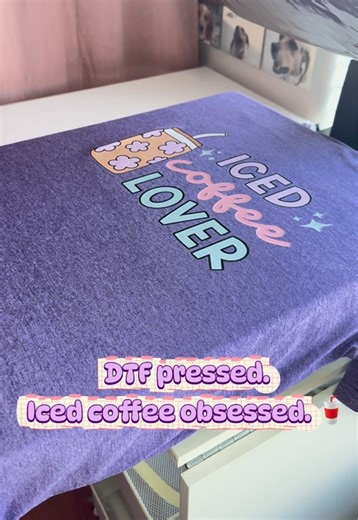 Iced coffee. Heat press. Repeat. ☕️🔥 Get your cute DTF Transfers! GimmeVibes.com #DTFTransfers #DTFPrinting #HeatPressLife #SmallBusinessOwner #IcedCoffeeLover