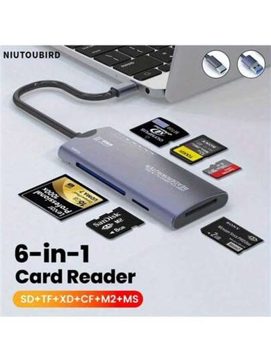 1pc 6-In-1 Multi-Function Card Reader, USB High-Speed Data Transfer Adapter, Compatible With Type C, SD, TF, XD, CF And M2 Storage Cards, Suitable For Camera And Computer, Designed For Easy Plug And Play, No Battery Required | SHEIN