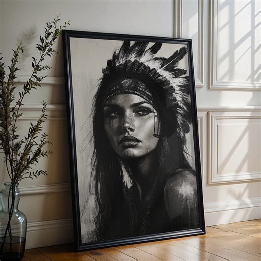 Native American Woman Ink Drawing Art Print, Tribal Headdress Wall Art, Black and White Vintage Western Decor - Etsy