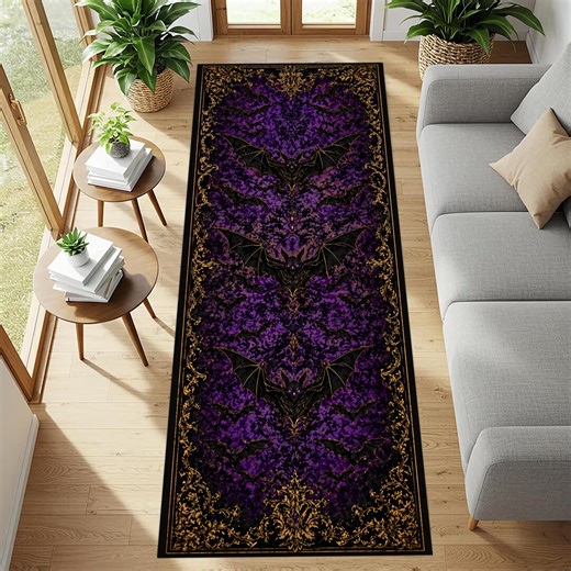 Gothic Bat Runner Rug: Purple Black Floral Carpet, Dark Gold Ornate Pattern, Horror Decor - Etsy