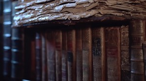 old library with shelves of antique books.