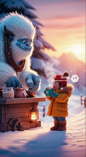 3D animated cinematic scene friendly yeti serving