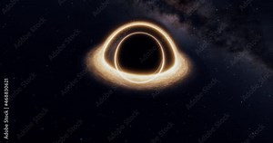 Black hole with lensing effect and accretion disk. Stars and galaxy background. Cinematic space rendering for science, technology and science fiction visualizations. High resolution 4k.