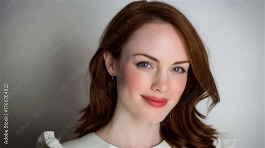 Elegant woman with auburn hair and subtle smile, studio portrait collection for various applications Stock Video