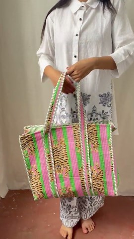 Unique Tiger Print Quilted Tote Bag, Handmade Bohemian Shoulder Bag, Artistic Animal Print Carryall, Eco Friendly Gift