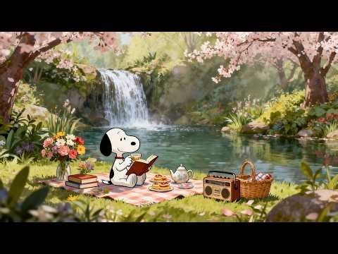 Snoopy’s Peaceful Spring Waterfall 🌸☕ Cozy Lofi Beats for Study, Relax & Calm Days