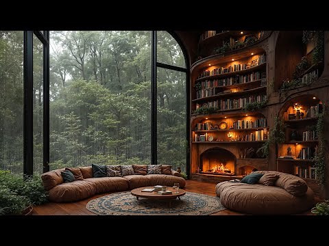 Jazz Relaxing Music - Rainy Day at Cozy House Inside Forest with Gentle Rain, Fireplace Sounds 🌧️🔥