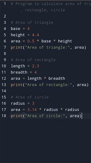 Program to calculate area of triangle rectangle, circle.python programming Questions
