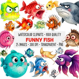 25 Funny Fish Clipart Watercolor PNG Set, Ocean Animals, Cute Crazy Fish Illustrations for Scrapbook Card Making, Instant Download - Etsy