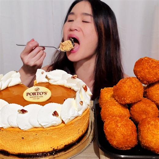 Enjoying Porto's Bakery's Pumpkin Cheesecake and creamy Potato Balls! #mukbang #asmr #cake #cheesecake | Peggie Neo