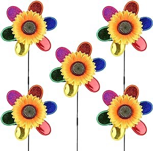 Sunflower Pinwheels Garden Wind Spinners: 5pcs 11 Inch Pinwheels for Yard and Garden, Sequined Sunflower Windmills Lawn Decor, Colorful Sunflower Pinwheels Outdoor for Garden,yard, Party Outdoor Decor
