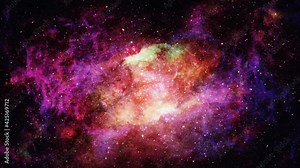 Abstract Flying Into Bursting Giant Nebula background for scientific films and cinematic in space. 4K 3D seamless looping animation space travel with galaxy and nebulae simulation for scene, titles.