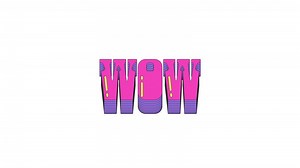 Animated word WOW in dynamic vaporwave typography. Shoutout reaction. Exclamation interjection. Excitement. Smooth text animation with layered shadows sliding up and down. Retro wave motion graphics