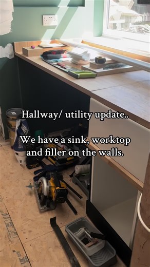 Hallway/utility update. We’ve managed to tick lots of little things off the list over the past few days. Work tops in, Belfast sink and taps in, more paint and filler are in the walls, floorings ordered and the brick slips for a feature wall. Plastering upstairs is happening too. #update #diy #progressive #hallway #utility #belfastsink #renovationseries #renovatingourhome