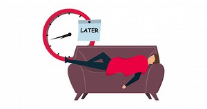 Download 4k animation of Procrastination do it later, lazy man sleeping with no clue to wake up with big sticky note written the word later on clock. for free