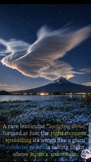Phoenix Cloud Over Mount Fuji ☁️ A rare lenticular cloud stretches above Mount Fuji, sculpted by strong winds flowing over the volcano’s peak. These “hanging clouds” form when moist air rises, cools, and condenses in smooth, layered waves—often holding their shape for hours despite powerful airflow. In this moment, the cloud’s wing-like symmetry gives the illusion of motion, as if the sky itself is lifting off. Below, Fuji remains calm and grounded, anchoring the scene in geological time while t