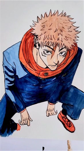 Jujutsu Kaisen Yuji Itadori Water Color Painting And Ink Drawing #youtubepartnerperks #jjk #short