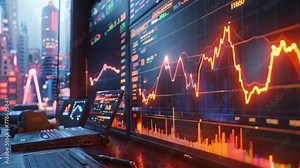 Conceptual illustration of graphs and charts showing numbers and lines on a computer or laptop showing candlestick charts at night