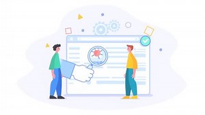 Malware removal, website full security, antivirus or firewall concept, people stand near web page with hidden virus, bugs, 2d loop animation video