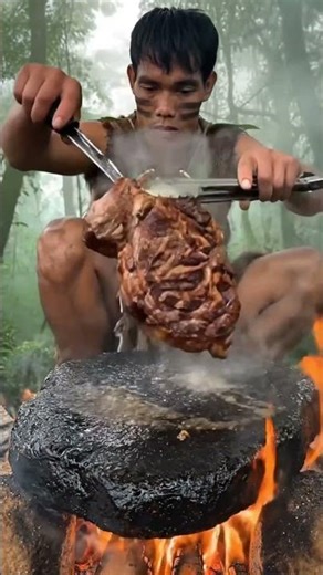 Survival Cooking | Grilling Beef on Hot Stone #food #mukbang #wild cooking#survival #shorts