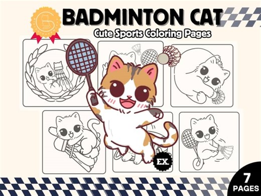 Badminton Cat Coloring Pages | 7 Printable Fun Activity Sports-Themed Sheets